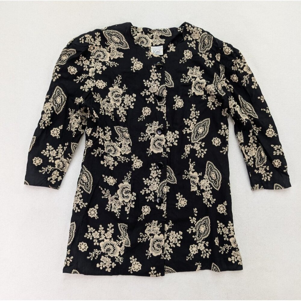 Kwai Vintage 90s Women's Top Size 16 Black Beige Floral Print Puff Sleeve